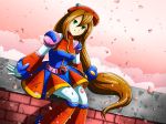  1girl android arm_support belt beret breasts brown_hairs capcom cherry_blossoms dress green_eyes hair_between_eyes hat iris_(rockman_x) low-tied_long_hair medium_breasts rockman rockman_x rockman_x4 sitting smile solo sunnythesunflower 