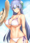  :d azur_lane bikini blue_eyes blue_hair blue_sky body_mahattaya_ginga breasts cleavage cloud cloudy_sky collarbone commentary_request day flower hair_flower hair_ornament hat hat_removed headwear_removed holding large_breasts long_hair looking_at_viewer navel open_mouth rodney_(azur_lane) rose sky smile solo sun_hat swimsuit twitter_username underboob white_bikini 