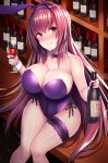  alcohol animal_ears beeyan between_legs blush bottle breasts bunny_ears bunnysuit cleavage collarbone commentary_request cup detached_collar detached_sleeves drinking_glass drunk fate/grand_order fate_(series) highres holding large_breasts long_hair mature purple_hair red_eyes ribbon scathach_(fate)_(all) scathach_(fate/grand_order) shiny shiny_hair shiny_skin sitting solo thighhighs very_long_hair wine wine_bottle wine_glass 