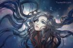  black_hair blue_eyes commentary english_commentary floating_hair glitter highres light_smile long_hair looking_at_viewer original parted_lips solo space upper_body very_long_hair watermark web_address wenqing_yan 