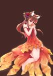  absurdres animal_ears apple bare_legs barefoot black_background brown_hair c_(pixiv3064042) commentary_request dress floating floating_hair flower food fruit hair_flower hair_ornament highres holding holding_food holding_fruit holo kanzashi legs long_hair red_dress red_eyes simple_background solo spice_and_wolf strap_slip wolf_ears wolf_girl 