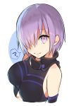  ? absurdres bare_shoulders black_dress blue_background blush breasts closed_mouth detached_sleeves dress fate/grand_order fate_(series) hair_over_one_eye highres large_breasts looking_at_viewer mash_kyrielight omucchan_(omutyuan) purple_eyes purple_hair sleeveless sleeveless_dress solo spoken_question_mark sweat two-tone_background white_background 