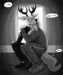  anthro black_and_white canine cervine crying deer dog doopcity door duo louis_(doopcity) male male/male mammal monochrome sneakers striped_pants tears tennis_shoes tracksuit 