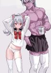  1girl abs animal_ears arm_strap arms_up artist_name black_skirt bow cat_ears collarbone commentary_request crossdressing cup feet_out_of_frame fkey grey_background hair_between_eyes hand_on_hip highres holding holding_cup long_hair long_sleeves looking_at_viewer midriff miniskirt mug mug_writing muscle no_pants original panties parted_lips pink_skin pleated_skirt ponytail red_bow red_eyes red_neckwear sailor_collar school_uniform serafuku shirtless silver_hair simple_background skirt standing thighhighs tying_hair underwear white_legwear white_panties white_serafuku zettai_ryouiki 