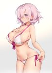  bare_shoulders bikini blush breasts cleavage collarbone cowboy_shot fate/grand_order fate_(series) from_side front-tie_bikini front-tie_top gradient gradient_background hair_over_one_eye halterneck hand_on_own_chest highres hips large_breasts lavender_hair looking_at_viewer looking_to_the_side lowleg lowleg_bikini mash_kyrielight navel pink_hair purple_eyes short_hair side-tie_bikini simple_background smile solo standing strap_gap swimsuit swimsuit_of_perpetual_summer thighs try white_background white_bikini 