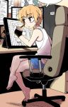 barefoot black_gloves blonde_hair chair commentary_request crossed_legs full_body gloves jeong_sana male_focus parkgee red_eyes shorts solo stylus suicide_boy tablet tank_top 