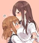  2girls absurdres beatrice_(princess_principal) black_dress blush brown_background brown_eyes brown_hair covered_mouth dorothy_(princess_principal) double_bun dress fingernails from_side highres holding_hands hug interlocked_fingers long_hair long_sleeves multiple_girls parted_lips princess_principal profile purple_eyes school_uniform shirt side_bun simple_background sorimachi-doufu spoken_interrobang white_shirt yuri 