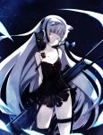  animal_ears arms_behind_back bangs black_cat black_dress blue_eyes blunt_bangs cat cat_ears cat_tail commentary_request dress dyolf girls_frontline gun heterochromia holding holding_weapon long_hair looking_at_viewer original parted_lips rifle short_dress silver_hair smile sniper_rifle solo standing strap_slip tail thigh_strap weapon 