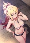  alternate_breast_size armpits artist_name blonde_hair braid breasts cleavage closed_mouth cowboy_shot cutoffs denim denim_shorts dutch_angle fate/apocrypha fate_(series) french_braid green_eyes hair_ornament hand_on_hip highres jacket jacket_over_shoulder jewelry medium_breasts midriff mordred_(fate) mordred_(fate)_(all) navel necklace ponytail red_scrunchie revealing_clothes scrunchie short_shorts shorts solo strapless try tubetop twitter_username 