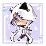  animal_hood arms_behind_back azuma_lim azuma_lim_channel bangs black_legwear boots bottle brown_eyes cat_hood chibi closed_mouth ear_piercing eyebrows_visible_through_hair full_body hair_between_eyes hood hood_up long_hair piercing shachoo. sidelocks silver_hair smile solo standing standing_on_one_leg thighhighs translated very_long_hair virtual_youtuber water_bottle white_footwear white_hoodie 