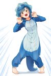  :d arms_up barefoot blue_hair blush claw_pose dinosaur_costume fake_horns full_body idolmaster idolmaster_million_live! kamille_(vcx68) leaning_to_the_side looking_at_viewer nanao_yuriko open_mouth pigeon-toed short_hair simple_background smile solo standing tareme white_background yellow_eyes 