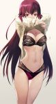  alternate_costume arms_up bangs black_bra bra breasts bright_pupils cleavage commentary cowboy_shot eyebrows_visible_through_hair fate/grand_order fate_(series) fingernails gradient gradient_background grey_background highres lace lace-trimmed_panties lingerie long_hair long_sleeves looking_down medium_breasts mismatched_underwear motion_lines nail navel panties pink_panties purple_hair red_eyes salmon88 scathach_(fate)_(all) scathach_(fate/grand_order) shiny shiny_hair solo standing stomach straight_hair sweater thigh_gap thighs tsurime underwear undressing very_long_hair 