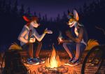  2018 anthro black_nose campfire canine clothed clothing detailed_background digital_media_(artwork) ear_piercing fire forest fox fur group hair male mammal multyashka-sweet night outside piercing simple_background tree 