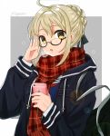  :o adjusting_eyewear ahoge artoria_pendragon_(all) bad_id bad_pixiv_id bag bangs black-framed_eyewear black_coat blonde_hair blush braid breath cellphone coat duffel_bag eyebrows_visible_through_hair fate/grand_order fate_(series) glasses hand_up highres holding holding_phone lens_flare long_sleeves looking_at_viewer mysterious_heroine_x_(alter) open_clothes open_coat open_mouth palms phone plaid plaid_scarf red_scarf scarf semi-rimless_eyewear shiny shiny_hair short_hair smartphone solo tareme tomato_omurice_melon twitter_username two-tone_background under-rim_eyewear upper_body yellow_eyes 