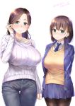  ai-chan's_mother_(tawawa) ai-chan_(tawawa) aqua_eyes arm_at_side arms_behind_back bangs blazer blue_jacket blue_skirt blush braid breasts brown_hair brown_legwear closed_mouth collarbone collared_shirt denim eyebrows_visible_through_hair fine_fabric_emphasis getsuyoubi_no_tawawa green_eyes grey_pants hair_tucking hand_up height_difference huge_breasts jacket jeans large_breasts long_hair long_sleeves looking_at_viewer lowleg lowleg_pants mature miniskirt mother_and_daughter multiple_girls nanase_meruchi necktie nose_blush open_clothes open_jacket pants pantyhose pleated_skirt refraction shiny shiny_hair shirt short_hair side_braid simple_background skirt sleeves_past_wrists smile sweat sweater sweater_vest taut_pants thigh_gap thighhighs twitter_username unbuttoned v-neck white_background white_sweater wing_collar yellow_sweater_vest 