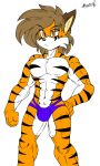  bangs brown_eyes brown_hair bulge clothed clothing confusion feline fur hair izacmafia long_hair male mammal muscular orange_fur solo spandex speedo swimsuit tiger tight_clothing topless unusualunity 