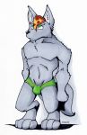  anthro bulge canine clothed clothing food hokshi male mammal muscular muscular_male pizza solo topless underwear wolf 