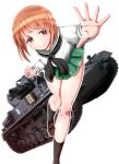  absurdres bad_leg bangs black_legwear brown_eyes brown_footwear brown_hair clenched_hand girls_und_panzer green_skirt ground_vehicle highres looking_at_viewer military military_vehicle miniskirt motor_vehicle nishizumi_miho ooarai_school_uniform open_mouth outstretched_hand panzerkampfwagen_iv school_uniform serafuku short_hair skirt solo standing tank uniform uricotake 