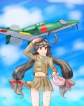  ahoge aircraft brown_hair commentary_request day fairy_(kantai_collection) goggles goggles_on_head hair_ribbon highres j7w_shinden kantai_collection long_hair looking_afar low_twintails midriff navel pilot_uniform red_eyes ribbon shan_zhu_feiyue shinden_(kantai_collection) skirt sky solo twintails 