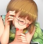  1girl blush brown_hair censored closed_eyes cum cum_in_mouth ejaculation erica_brown fellatio freckles ginhaha glasses grey_background hair_tucking hetero mosaic_censoring oral penis simple_background solo_focus violet_evergarden 