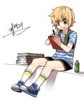  :p blonde_hair bottle commentary_request drawing full_body highres jeong_sana korean korean_commentary male_focus parkgee pen red_eyes shirt shoes shorts sketchbook sneakers socks solo striped striped_shirt suicide_boy sweatdrop tongue tongue_out 