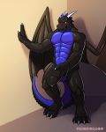  2018 4_toes anthro balls black_penis black_scales blue_scales daikai dragon erection front_view hand_on_wall hi_res horn male masturbation muscular muscular_male nude penile_masturbation penis precum primodrago purple_eyes scales scalie solo standing toes vein veiny_penis wings 