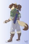  anthro beard blue_background blue_pants boots brown_hair brown_shoes clothing doopcity facial_hair footwear gloves gradient_background green_shirt hair jeans male melee_weapon murdoc mustache pants ponytail simple_background sword weapon white_background 