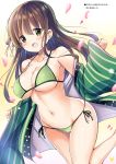  1girl ama_usa_an_uniform bangs bikini blunt_bangs breasts brown_hair cherry_blossoms feet_out_of_frame gochuumon_wa_usagi_desu_ka? green_bikini green_eyes highres kurou_(quadruple_zero) large_breasts long_hair looking_at_viewer open_clothes petals side-tie_bikini solo standing standing_on_one_leg swimsuit ujimatsu_chiya 