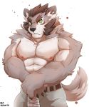  2018 abs anthro biceps canine claws clothing digital_media_(artwork) fur hair heffy038 hi_res male mammal muscular muscular_male nipples pants pecs silver_(darkzerojack) simple_background solo wolf 