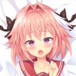  astolfo_(fate) bad_id bad_pixiv_id bangs bed_sheet black_bow blush bow clenched_hand close-up collarbone comiket_93 commentary_request d: dakimakura dot_nose eyebrows_visible_through_hair fang fate/apocrypha fate/grand_order fate_(series) from_above hair_bow hair_intakes half-closed_eyes hand_up head_tilt lips long_hair looking_at_viewer lying male_focus multicolored_hair on_back open_mouth otoko_no_ko pink_hair portrait purple_eyes raised_eyebrows red_sailor_collar sailor_collar school_uniform serafuku shiny shiny_hair shirt short_sleeves solo streaked_hair tougetsu_hajime two-tone_hair white_hair white_shirt 