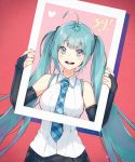  39 :d ahoge aqua_hair bangs bare_shoulders black_skirt blue_eyes blue_neckwear blunt_bangs blush breasts bridal_gauntlets collared_shirt eyebrows_visible_through_hair hatsune_miku heart holding long_hair looking_at_viewer medium_breasts nagu necktie number open_mouth photo_(object) plaid_neckwear red_background round_teeth shirt simple_background skirt smile solo tareme teeth twintails two-handed upper_body very_long_hair vocaloid white_shirt wing_collar 