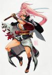  amputee armor baiken boots breasts cleavage commentary facial_tattoo full_body guilty_gear guilty_gear_xrd highres holding holding_sword holding_weapon jacket_on_shoulders japanese_armor japanese_clothes kanta-kun kataginu katana kimono knee_boots kote large_breasts lips long_hair looking_at_viewer mouth_hold no_bra obi official_style one-eyed open_clothes open_kimono pink_eyes pink_hair sash scar scar_across_eye sheath solo straw_(stalk) sword tattoo toeless_boots weapon 