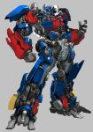  blue_eyes clenched_hand contrapposto full_body grey_background hand_up highres legs_apart mecha no_humans optimus_prime simple_background solo standing transformers yang-do 
