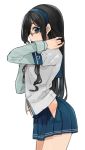  black_hair blue_eyes blue_hairband commentary_request from_side glasses hairband hip_vent hita_(hitapita) kantai_collection long_hair ooyodo_(kantai_collection) school_uniform serafuku simple_background skirt solo white_background 