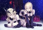  all_fours areolae artoria_pendragon_(all) artoria_pendragon_(lancer_alter) blonde_hair blush breasts ccjn command_spell commentary_request cosplay dangerous_beast dark_persona dual_persona elbow_gloves fate/grand_order fate_(series) fujimaru_ritsuka_(female) gloves halloween huge_breasts jack-o'-lantern leash lying mash_kyrielight mash_kyrielight_(cosplay) medium_breasts midriff multiple_girls navel no_shoes on_side outdoors saber_alter saliva stomach tongue tongue_out yellow_eyes yuri 