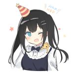  ;d animal animal_on_shoulder bad_id bad_pixiv_id black_bow black_dress black_hair blue_eyes blush blush_stickers bow colored_eyelashes dress frilled_shirt_collar frills hair_ornament hairclip happy_birthday hat highres looking_at_viewer mafuyu_(chibi21) one_eye_closed open_mouth original party_hat shirt sidelocks simple_background sleeveless sleeveless_dress smile solo star striped striped_hat translation_request twintails white_background white_shirt 