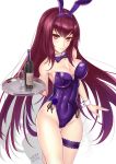  alcohol animal_ears bottle bow bowtie bunny_ears bunnysuit commentary_request cowboy_shot cup detached_collar drinking_glass fate/grand_order fate_(series) garter_belt hairband highres leotard long_hair looking_at_viewer purple_hair purple_hairband purple_leotard purple_neckwear red_eyes scathach_(fate)_(all) scathach_(fate/grand_order) simple_background smile solo standing strapless strapless_leotard sunday_se7en tray white_background wine wine_bottle wine_glass wrist_cuffs 
