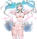  blue_eyes blue_hair breasts closed_mouth commentary_request cosplay cowboy_shot elbow_gloves gloves goodsmile_company goodsmile_racing hands_up hatsune_miku headphones highres korean_commentary large_breasts leotard long_hair looking_at_viewer racing_miku racing_miku_(2014) solo standing thighhighs twintails underboob vocaloid white_gloves white_leotard yang-do 