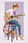  2017 acoustic_guitar anthro barefoot caindra clothed clothing feline graydiel guitar male mammal musical_instrument neck_tuft playing_guitar playing_music purple_eyes sitting solo stool tiger tongue tongue_out tuft 
