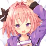  :d animal_hood arm_up astolfo_(fate) bad_id bad_pixiv_id bangs bed_sheet black_bow blush bow braid close-up collarbone comiket_93 commentary_request dakimakura dot_nose eyebrows_visible_through_hair fang fate/apocrypha fate_(series) fingernails from_above hair_bow hair_intakes half-closed_eyes hood hood_down hooded_jacket jacket jewelry lips long_hair long_sleeves looking_at_viewer lying male_focus necklace on_back open_clothes open_jacket open_mouth otoko_no_ko pendant pink_hair portrait purple_eyes purple_jacket purple_shirt raised_eyebrows shiny shiny_hair shirt shirt_lift single_braid smile solo striped striped_shirt tougetsu_hajime 