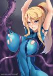  1girl animated animated_gif areolae artist_name blonde_hair blue_eyes breast_cutout breasts clenched_teeth hm inverted_nipples large_breasts metroid mole mole_under_mouth nintendo nipples open_mouth ponytail restrained samus_aran tears tentacle torn_bodysuit web_address zero_suit 