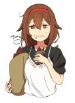  bag brown_eyes brown_hair casual cropped_torso food food_on_face hairband kantai_collection looking_at_viewer paper_bag shiratsuyu_(kantai_collection) short_hair simple_background solo sweet_potato wachi_(hati1186) white_background 