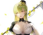  bad_id bad_pixiv_id bangs breasts breasts_apart cleavage_cutout commentary_request eyebrows_visible_through_hair eyes_visible_through_hair flower gloves green_hair hair_flower hair_ornament hand_on_own_chest hat jewelry kim_eb large_breasts long_hair looking_at_viewer mini_hat mole mole_under_mouth open_mouth original petals puffy_short_sleeves puffy_sleeves scythe short_sleeves simple_background single_earring solo upper_body white_background white_gloves yellow_eyes 