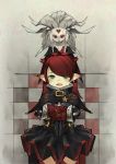  :d baiguiyu black_dress capelet cloud_of_darkness commentary_request crossed_arms dress fang final_fantasy final_fantasy_xiv fingerless_gloves gloves green_eyes highres lalafell long_hair looking_at_viewer multiple_girls on_head open_mouth red_gloves red_hair smile standing 