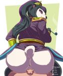  1girl anus ass aya_blackpaw black_hair bottomless bracelets furry girl_on_top hearthstone highlights huge_ass juzztie looking_back panda pandaren penis pipe ponytail purple_eyes pussy reverse_cowgirl_position simple_background uncensored 
