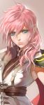  belt blue_eyes closed_mouth commentary_request final_fantasy final_fantasy_xiii grey_background hair_between_eyes jacket korean_commentary lightning_farron looking_at_viewer pink_hair simple_background sleeveless solo upper_body yang-do 