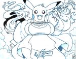  5_fingers angela_(walter_sache) big_breasts black_nose breasts cleft_tail clothing female fire mimikyu nintendo open_mouth overweight pikachu pok&eacute;mon pok&eacute;mon_(species) smile tongue undertale video_games walter_sache 