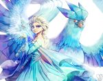  blonde_hair blue_dress blue_eyes commentary crossover dress elsa_(frozen) english_commentary frozen_(disney) gen_1_pokemon highres ice legendary_pokemon long_hair long_sleeves looking_at_viewer parted_lips pokemon pokemon_(creature) red_eyes sa-dui signature simple_background smile standing white_background 