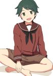  :d green_eyes green_hair highres indian_style kantai_collection long_sleeves looking_at_viewer mogami_(kantai_collection) neckerchief open_mouth sailor_collar short_hair short_sleeves simple_background sitting smile solo very_short_hair wachi_(hati1186) white_background 