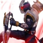  armor aura blue_gloves commentary_request gloves helmet highres holding holding_weapon kamen_rider kamen_rider_blade kamen_rider_blade_(series) legs_apart male_focus pants pauldrons signature solo weapon yang-do 